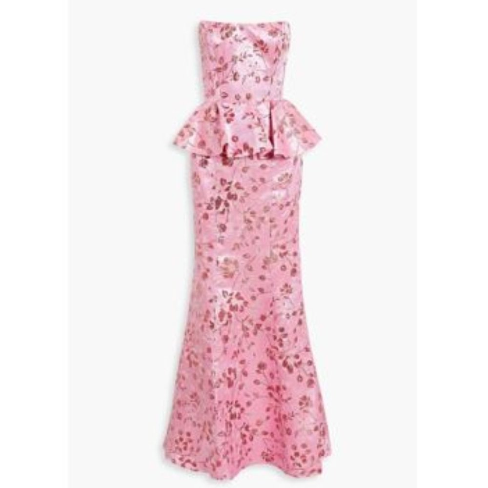 Marchesa Strapless Gown Metallic Brocade Peplum Gown - Size 4